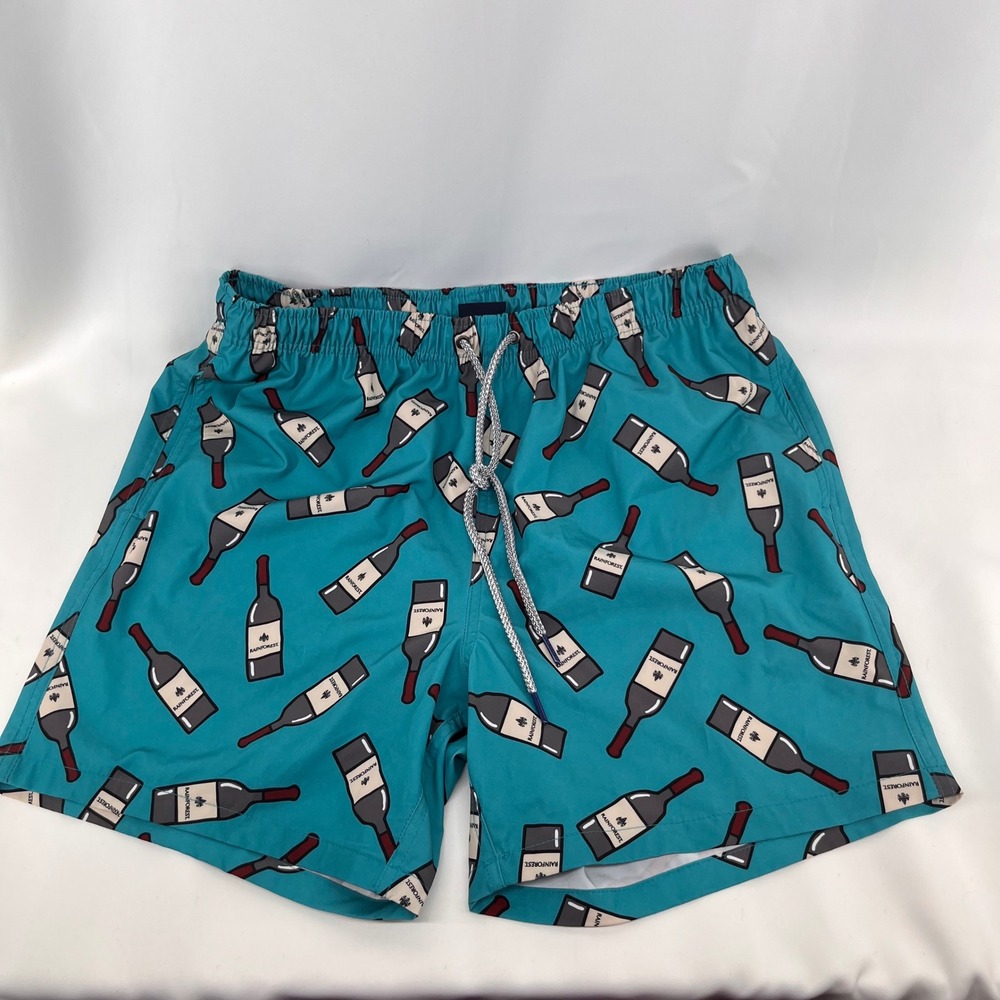 Rainforest Mens Teal Wine Bottle Print Swim Trunks Size L Blue Beach Shorts